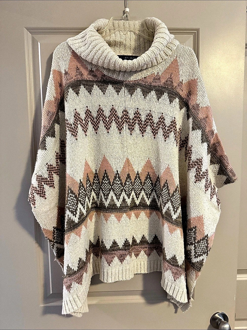 Geometric Cowl Neck Poncho Sweater in Cream & Pink